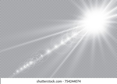 Abstract front sun lens flare transparent special light effect design. Vector blur in motion glow glare. Isolated on transparent background. Decor element. Star burst with rays and spotlight
