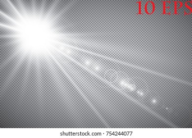 Abstract front sun lens flare transparent special light effect design. Vector blur in motion glow glare. Isolated on transparent background. Decor element. Star burst with rays and spotlight