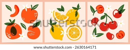 Abstract fruit banners. Modern minimalistic fruits, organic food posters with hand drawn lemons, peach apricot and cherry fruits and berries for art prints. Vector contemporary set.