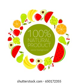 Abstract fruit card, organic fruit, vector illustration, fresh food, organic food, healthy food, vector background, greenery