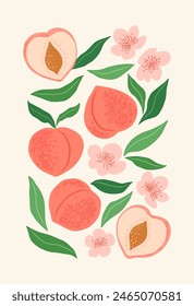 Abstract fruit contemporary art poster in pastel colors. Modern print with hand drawn peach, leaves and flowers. Paper cut elements style. Trendy design for wall decor, postcard, cover, packaging.