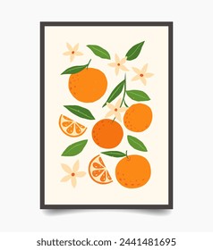 Abstract fruit contemporary art print. Modern poster with hand drawn oranges, leaves and flowers. Trendy design for wallpaper, wall decor, postcard, cover, packaging.