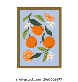 Abstract fruit contemporary art print. Modern poster with hand drawn oranges, leaves, and flowers.