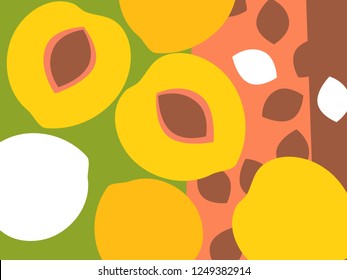 Abstract fruit design in flat cut out style. Peaches and peach pits. Vector illustration.