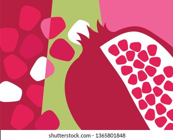 Abstract Fruit Design In Flat Cut Out Style. Pomegranate And Seeds. Vector Illustration.