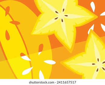 Abstract fruit design in flat cut out style. Star fruit Carambola cross- section and seeds. Vector illustration.