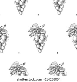 Abstract fruit hand drawn seamless pattern with bunch of grapes and leaves on white background vector illustration