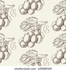 Abstract fruit hand drawn seamless pattern with bunch of grapes and leaves on gray background vector illustration