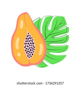 Resumen de la papaya del icono de la fruta en el fondo de la pinza gruesa. Logotipo tropical papaya con hoja de palma en estilo sencillo dibujado a mano. Color brillante en la ilustración vectorial.