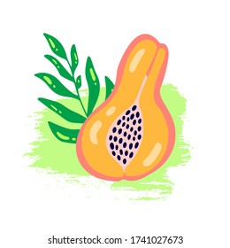 Resumen de la papaya del icono de la fruta en el fondo de la pinza gruesa. Logotipo tropical papaya con hoja de palma en estilo sencillo dibujado a mano. Color brillante en la ilustración vectorial.
