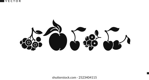 Abstraktes Frucht-Icon-Set. Isolierte Pfirsichkirsche Cranberry Heidelbeere und Vogelbeere auf weißem Hintergrund. Bio-Obstschild