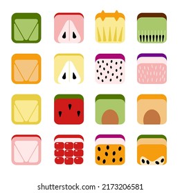 Abstract fruit icons set. Square shaped cube block fruits. Watermelon, citrus pomegranate kiwi apple pear, dragon fruit, avocado plum, pineapple, peach, passion fruit, fig, papaya vector illustration