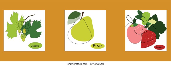 Abstract fruit illustration. Set fruits:Pear ,Grapes ,Strawberry. Cover, wall art, print.Print , abstract, minimalism , doodles fruit.