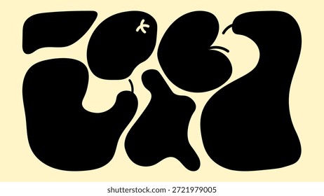 Abstrakte Fruchtillustrationen in ungewöhnlichen Formen. Schwarz-weißer Retro-Cartoon-Stil, minimaler Kontrast, fette Formen und grafischer Look.