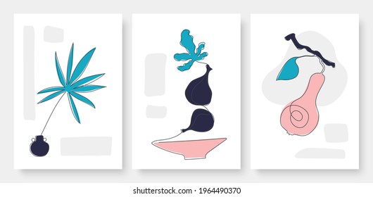 Abstract fruit and leaf vector illustration set. Line drawing pear fruit on tree branch with leaves, plant in vase, modern continuous line graphic design template background for social media stories
