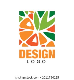 Abstract fruit logo template. Colorful flat vector design for organic shop, juice label, healthy food store or vegetarian cafe. Icon in rectangular shape.