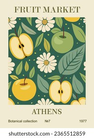 Abstract Fruit Market Athens retro poster. Trendy contemporary wall art with apple fruits design in green colors. Modern naive funky  interior painting. Vector art illustration. Not generative AI.