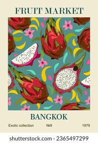 Abstract Fruit Market Bangkok retro poster. Trendy contemporary wall art with Dragon fruit Pitaya design. Modern naive funky interior decoration, painting. Vector art illustration. Not AI generative.