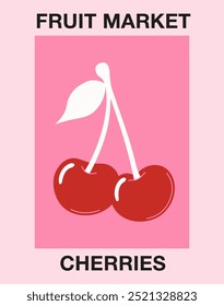 Abstract Fruit Market cherry retro poster. Trendy gallery contemporary wall arts with cherry design. Vector art illustration for wall decor, postcard, packaging, t shirt etc.