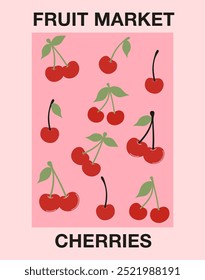 Abstract Fruit Market cherry retro poster. Trendy gallery contemporary wall arts with cherry design. Vector art illustration for wall decor, postcard, packaging, t shirt etc.