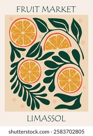 Abstract Fruit Market Limassol retro poster. Trendy contemporary wall art with orange citrus fruit design. Modern naive groovy interior decoration, vector art painting.