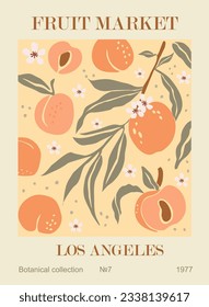 Abstract Fruit Market Los Angeles retro poster. Trendy contemporary wall art with peach design in danish pastel colors. Modern naive groovy funky interior decoration, painting. Vector illustration