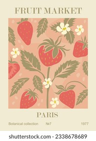 Abstract Fruit Market Paris strawberry retro poster. Trendy contemporary wall art design in danish pastel colors. Modern naive groovy funky interior decoration, painting. Vintage vector illustration