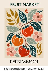 Abstract Fruit Market Persimmon retro poster. Trendy contemporary wall art with fruit design in Mid century modern style. Vector flat illustration