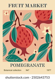 Abstract Fruit Market retro poster. Trendy contemporary wall art with Pomegranate fruit design in danish pastel colors. Modern naive groovy funky interior decoration, painting. Vector illustration.