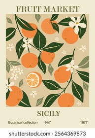 Abstract Fruit Market Sicily retro poster. Trendy contemporary wall art with orange fruit design in sage green colors. Modern naive groovy funky interior decoration, painting. Vector illustrations