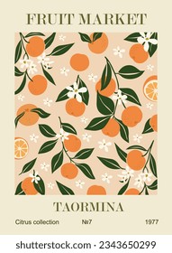 Abstract Fruit Market Taormina retro poster with oranges fruits, flowers, leaves. Trendy contemporary wall art . Modern naive groovy funky interior decoration, painting. Vintage vector illustration