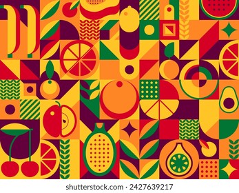 Abstract fruit modern geometric pattern. Vector vivid background features mosaic of stylized fresh banana, orange and cherry. Grapefruit, sweet figs and watermelon, apple, lemon or tropical avocado