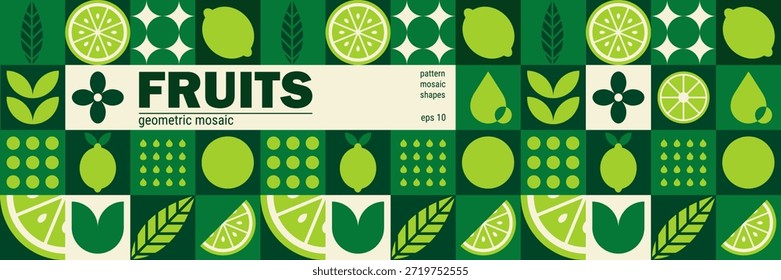 Abstract fruit mosaic with geometric lemon and lime leaves on organic background. Organic farm produce branding with a fresh fruit and geometric mosaic.