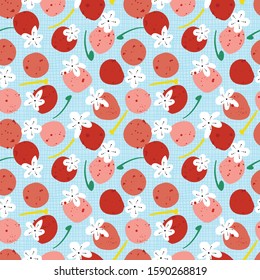 Abstract fruit pattern of cherries and cherry blossoms. Seamless vector background design. Modern Japanese Sakura season print.