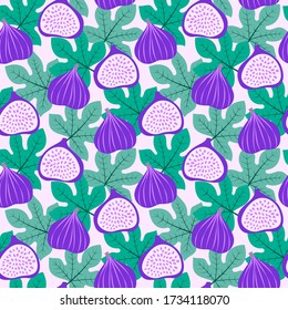 Abstract fruit pattern with figs and leaves. Tropical seamless pattern with fig and leaves background. Vector illustration in hand drawn style. Ornament for textile and wrapping.