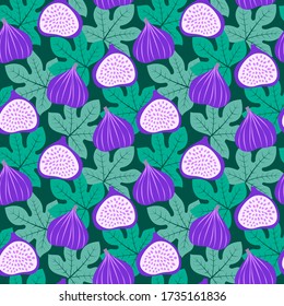 Abstract fruit pattern with figs and leaves. Tropical seamless pattern with fig and leaves on dark green background. Vector illustration in hand drawn style. Ornament for textile and wrapping.