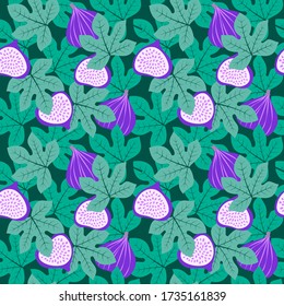 Abstract fruit pattern with figs and leaves. Tropical seamless pattern with fig and leaves on dark green background. Vector illustration in hand drawn style. Ornament for textile and wrapping.
