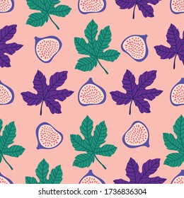 Abstract fruit pattern with figs and leaves. Tropical seamless pattern with fig and leaves on pink background. Vector illustration in hand drawn style. Ornament for textile and wrapping.