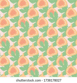 Abstract fruit pattern with figs and leaves. Tropical seamless pattern with fig and leaves on pink background. Vector illustration in hand drawn style. Ornament for textile and wrapping.