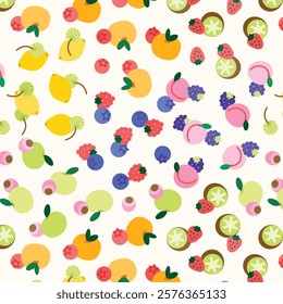 Abstract fruit pattern. Flat design simple food background. Strawberry, lemon, peach and orange. Trendy design for wall decor, postcard, cover, packaging, t shirt.