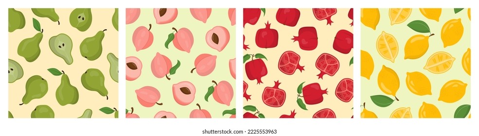 Abstract fruit patterns. Fresh lemon, juicy pear, pomegranate and peach. Plant illustration for sweet poster set. Decor textile, wrapping paper. Vector cartoon seamless current background