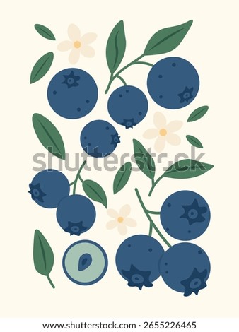 Abstract fruit poster. Contemporary art print with hand drawn blueberry. Trendy design for wall decor, postcard, cover, packaging, t shirt.