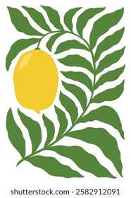 Abstract fruit poster in minimalist style. Modern botanical print with hand drawn lemon and leaves. Isolated vector illustration