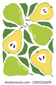 Abstract fruit poster in minimalist style. Modern botanical print with hand drawn pears and leaves. Isolated vector illustration