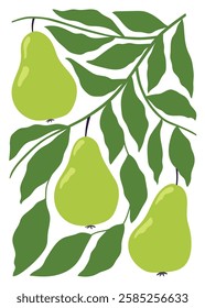 Abstract fruit poster in minimalist style. Modern botanical print with hand drawn pears and leaves. Isolated vector illustration