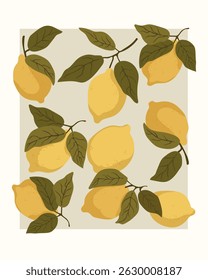 Abstract fruit poster in minimalist style. Modern botanical print with hand drawn whole lemons and leaves. Isolated vector illustration
