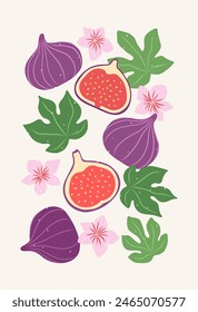 Abstract fruit poster. Modern print with hand drawn fig, leaves and flowers. Paper cut contemporary art elements. Trendy design for wall decor, postcard, cover, packaging, t shirt.