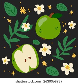 Abstract fruit poster. Modern print with green apple, leaves and white flowers. Vector illustration for wall decor, postcards, prints, pattern, posters, greeting card