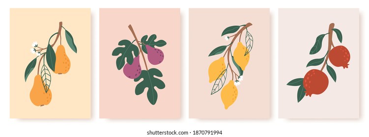 Abstract fruit poster. Modern prints with summer fruits, leaves and flowers. Lemon, pear and fig branches in minimalist art style vector set. Red pomegranate in pastel colors contemporary art