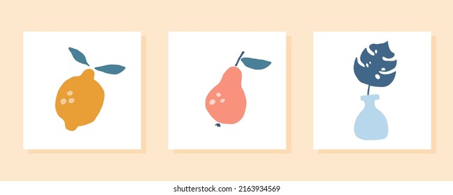 Abstract fruit poster set. Matisse abstract lemon, vase. Contemporary art print. Organic tropic fruits leaves abstract style. Trendy doodle elements. Vector natural shapes, minimalist illustration.